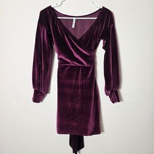 Lucy in the Sky Burgundy Velvet Wrap Mini Dress Long Sleeve Tie Back Size S